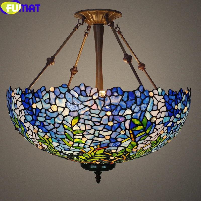 

FUMAT Tiffany Style Blue Purple Wisteria Stained Glass Big Pendant Lamp Handicraft Elegant Arts Home Decor Anti Chandelier Light