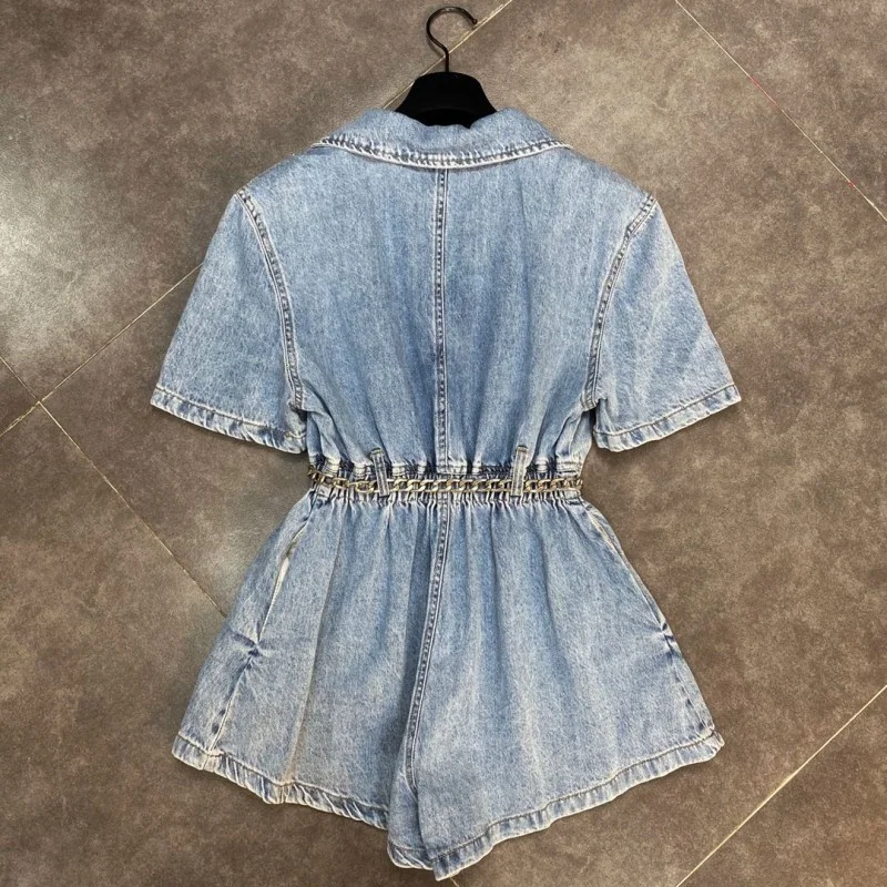 Women Summer One Piece Denim Cargo Shorts Playsuits Single Breasted Chain Jeans Jumpsuit Ladies Short Sleeve Casual Overalls