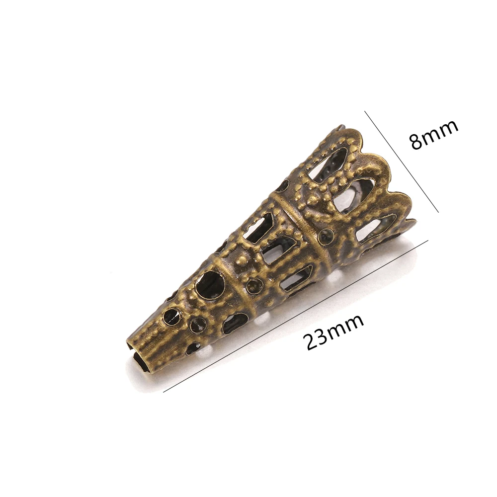 50pcs/lot 8x23mm Flower Torus Shape Alloy Beads Caps Charms Hollow Out Bugle Cone Filigree Bead End Caps For DIY Jewelry Making