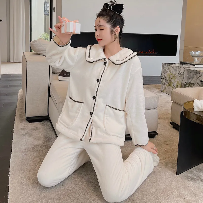 

Flannel Thicken Women 2PCS Pajamas Sets L-XXL Sexy Turn-Down Collar Pyjamas Suit Stripe Sleepwear Winter Nightwear Home Wear