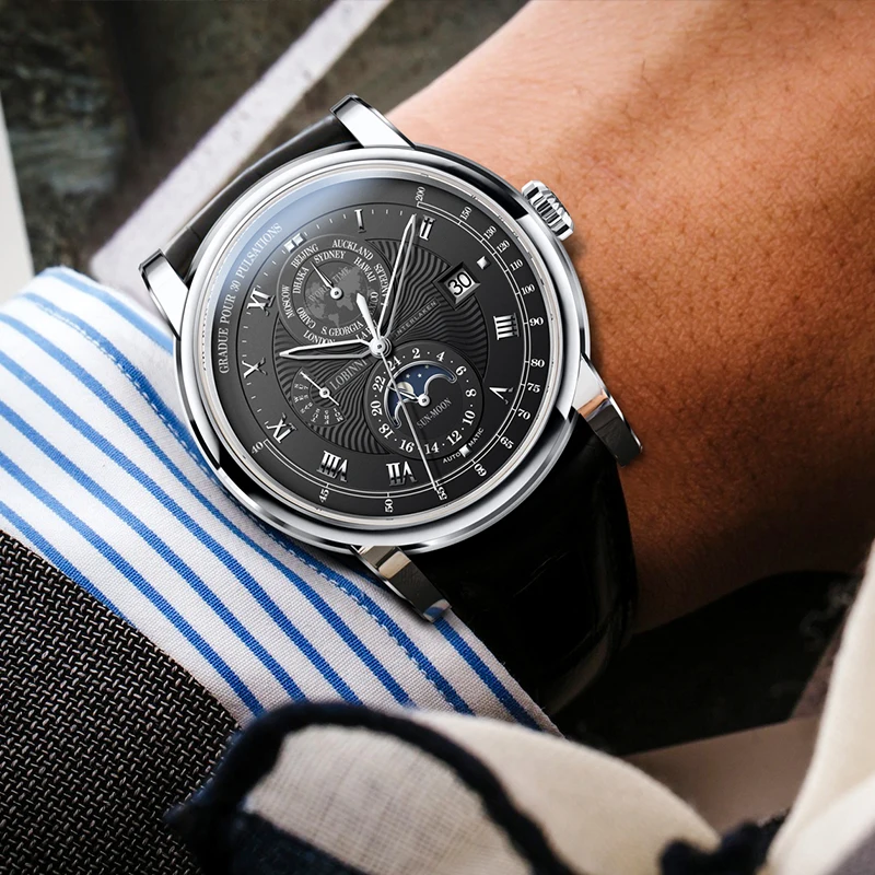 LOBINNI Luxury Genuine Leather Strap Automatic Mechanical Watches Men Sapphire Glass Waterproof Watch Date Week Moon Phase Watch