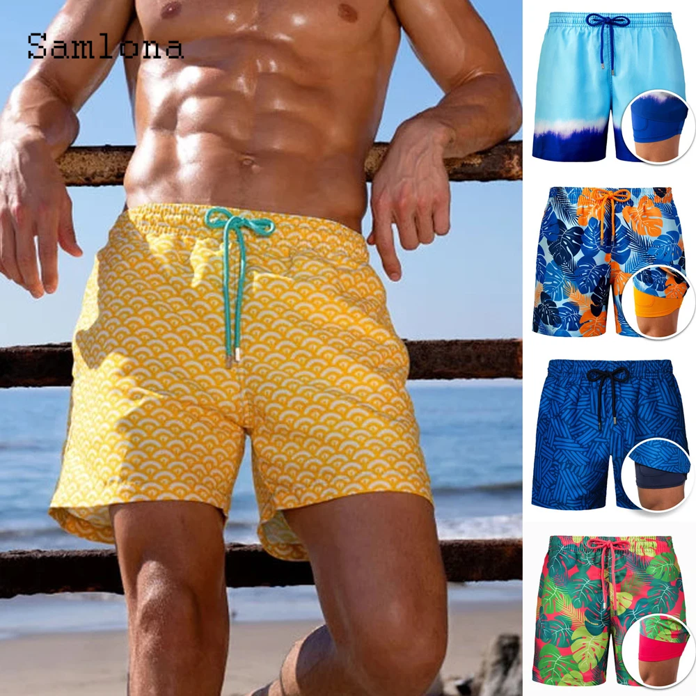 Samlona masculina shorts casuais verão modelo flor impressão praia shorts plus size masculino com cordão calças curtas sexy roupas masculinas 2022