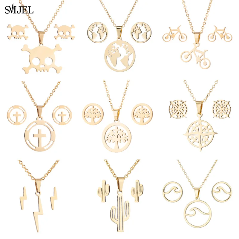 SMJEL Stainless Steel Halloween Skull Necklaces For Women Punk Cross Tire Map Tree Life Earring Ear Jewelry Sets Trend Pendients