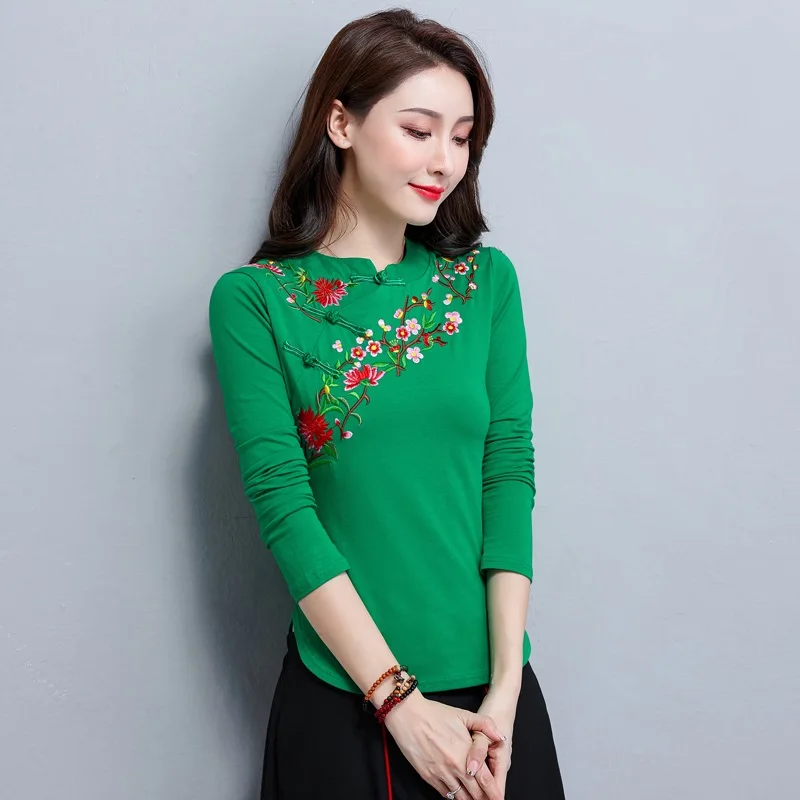 2023 New Embroidery Chinese Style Clothing for Wome Buckle T-Shirt Autumn Winter T-Shirt Vintage Top Tee Woman Clothes Folk G253