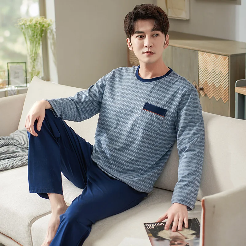 

Soft Cotton Long Sleeve O-Neck Pajama For Men Spring Autumn Men Pajamas Set Males Sleepshirts Fashion Striped Sleepwear Homewear