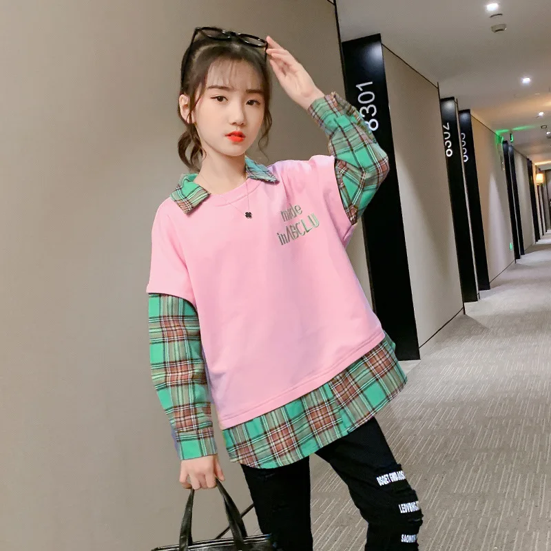 Girls Shirt Children Clothing Autumn Girl Plaid Fake Two-Piece Shirt 4-14 Years Old Autumn Girl Fashion Stitching Shirt