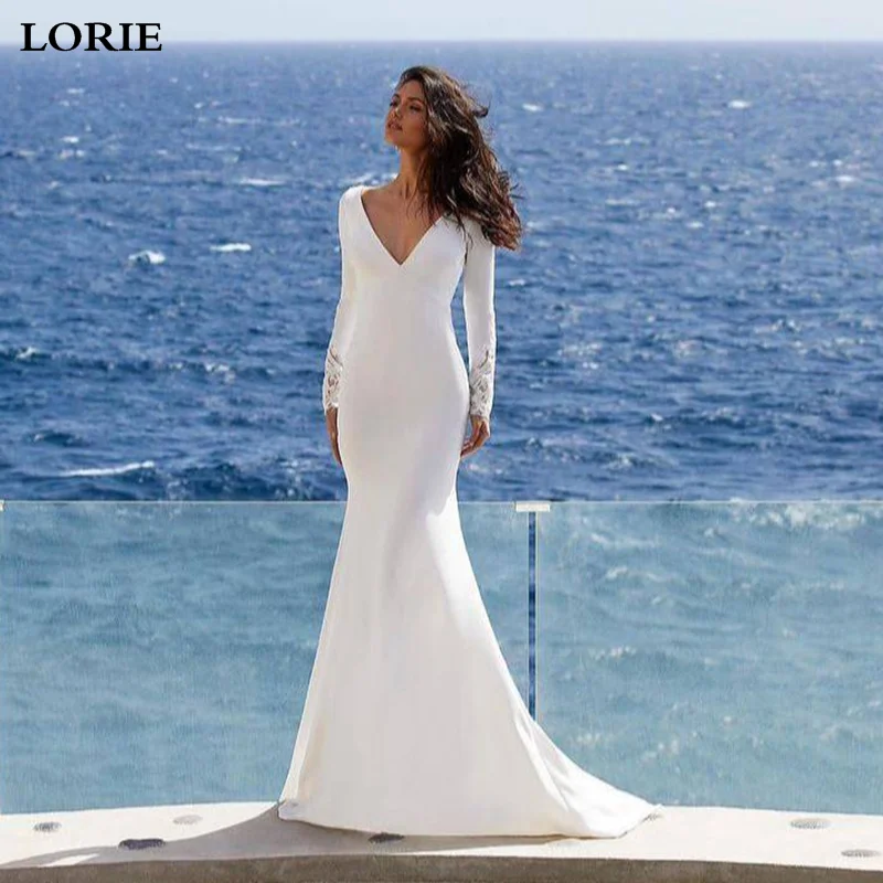 Lorie-vestidos de novia de sirena, manga larga, cuello en V, playa, encaje, Espalda descubierta, bohemio