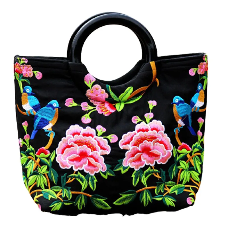 Women Circle Top-handle Dress Handbags Chinese Ethnic Embroidery Colorful Floral Patterns Linen Cloth Wristlet Street Tote Bag