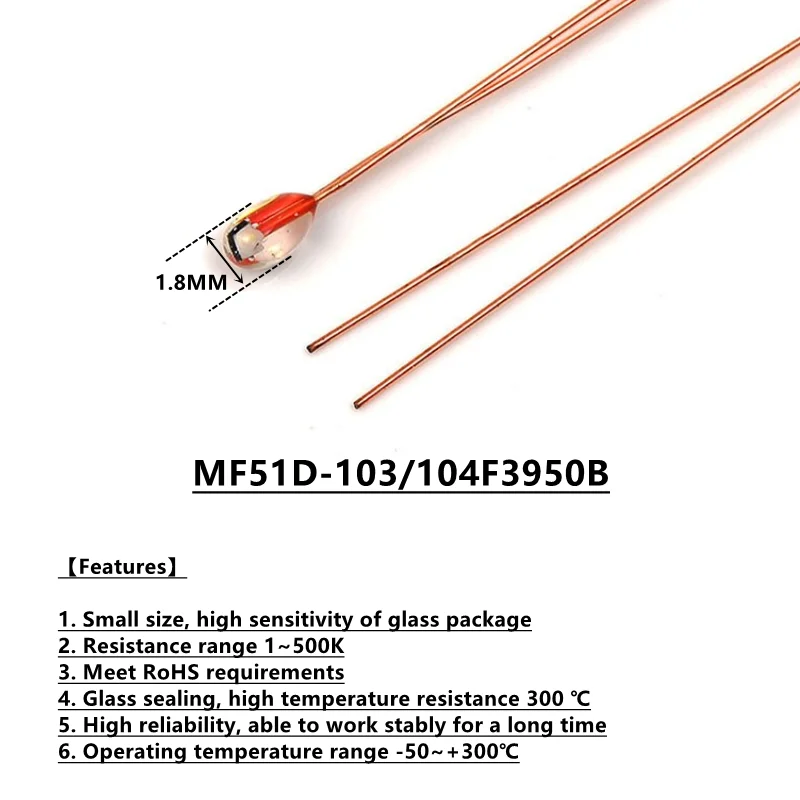 10 sztuk MF51D single-ended czujnik temperatury NTC B3435 B3950 10K 50K 100K 1% odporność na temperaturę 300 ℃ sonda drukarki 3D