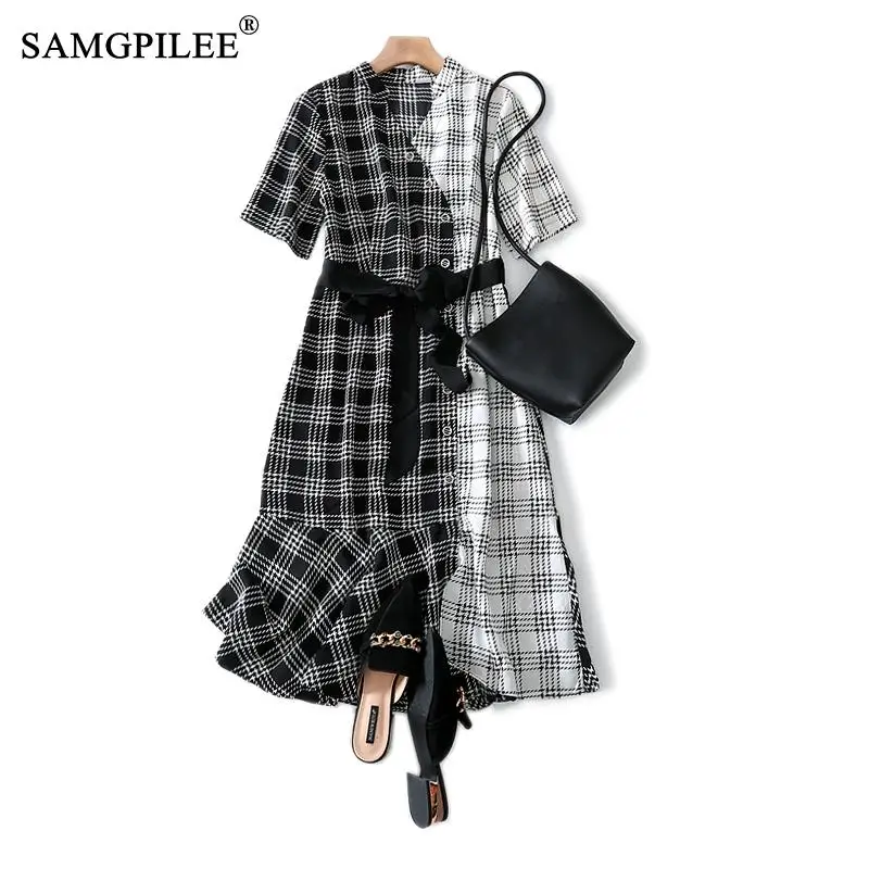 

Women Dresses Summer 2022 New Fashion Vestido Casual A-line Plaid Short Sleeve Sashes Korean Style V-neck Dress For Womens Party