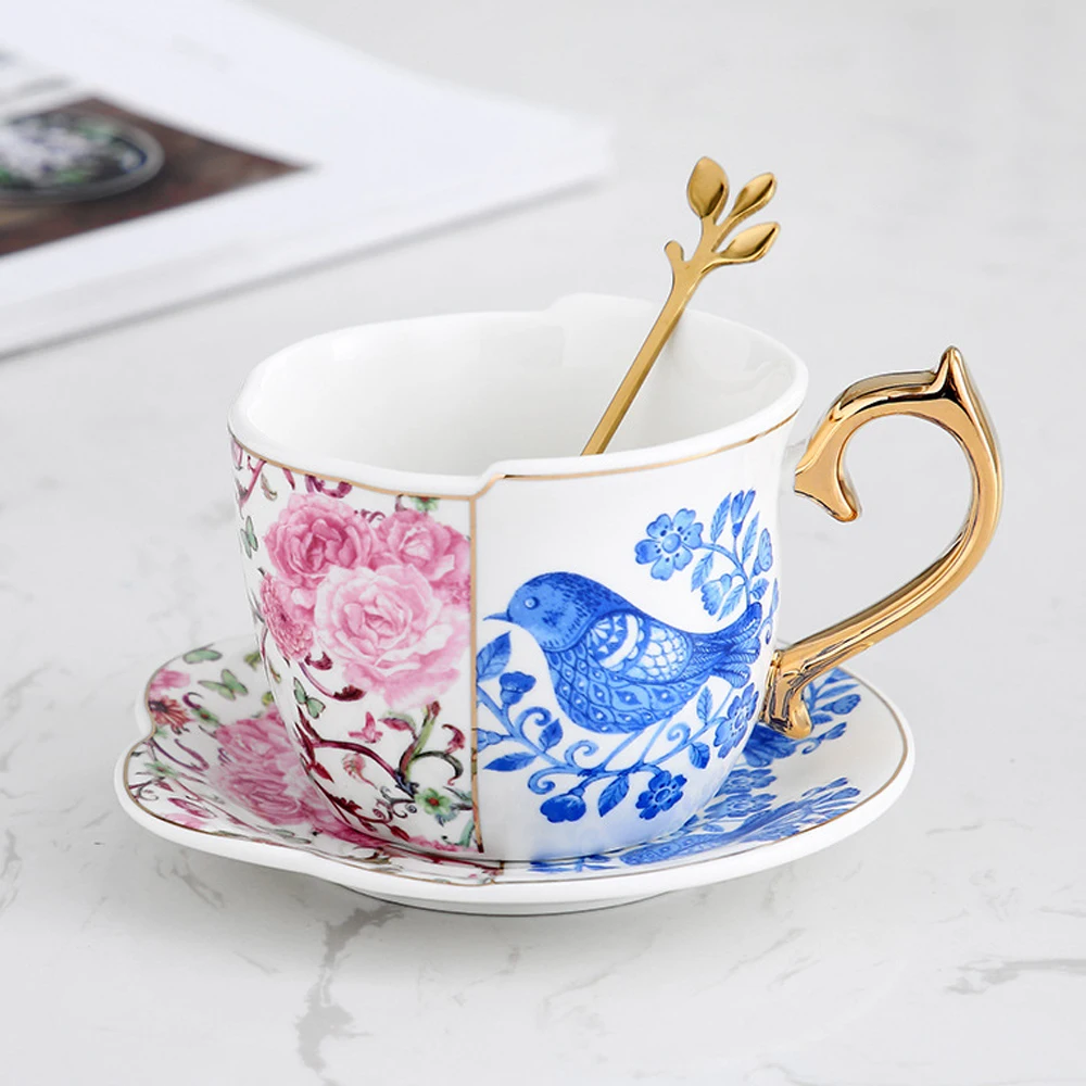 MUZITY Ceramic Tea Cup Set Irregular Shape Porcelain Coffee Cup and Saucer with Golden Spoon 250ml