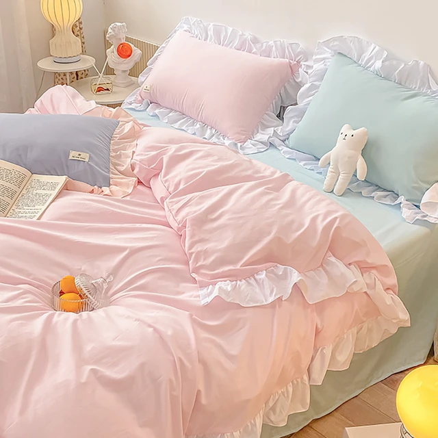 Kawaii Pink Bedding Set Bedspreads Polyester Twin Full Queen Size Cute Fitted Double Bed Sheet Pillowcase Bedroom Duvet Cover