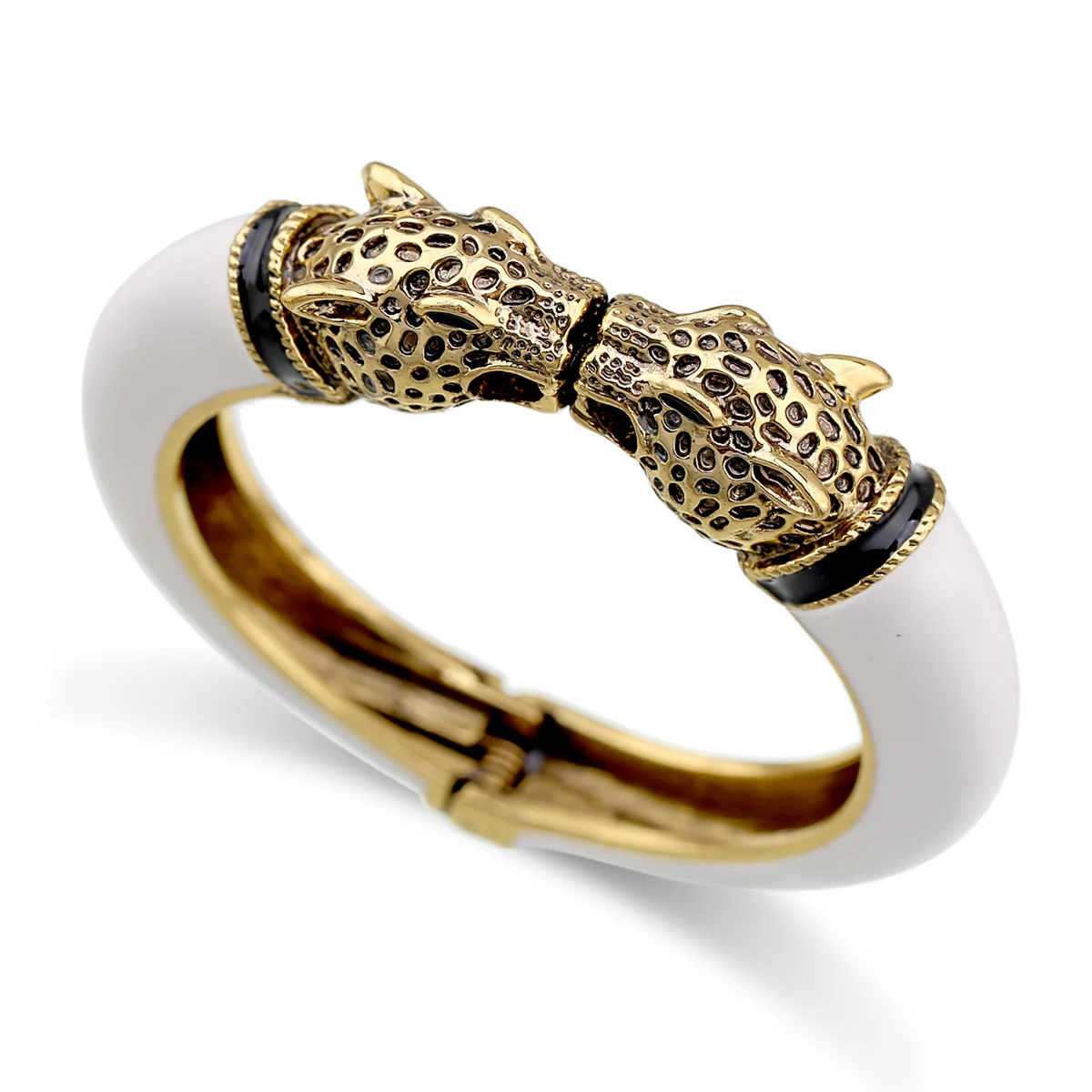 Moda dupla leopardo cabeça de esmalte manguito pulseira declaração pulseira para as mulheres meninas banhado a ouro animais do vintage pulseira