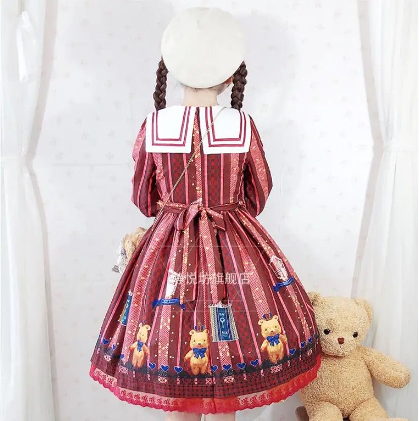 Lolita-vestido de corte Vintage con estampado de oso para niña, Vestido de manga larga con lazo, estilo Lolita, Kawa, Elorita