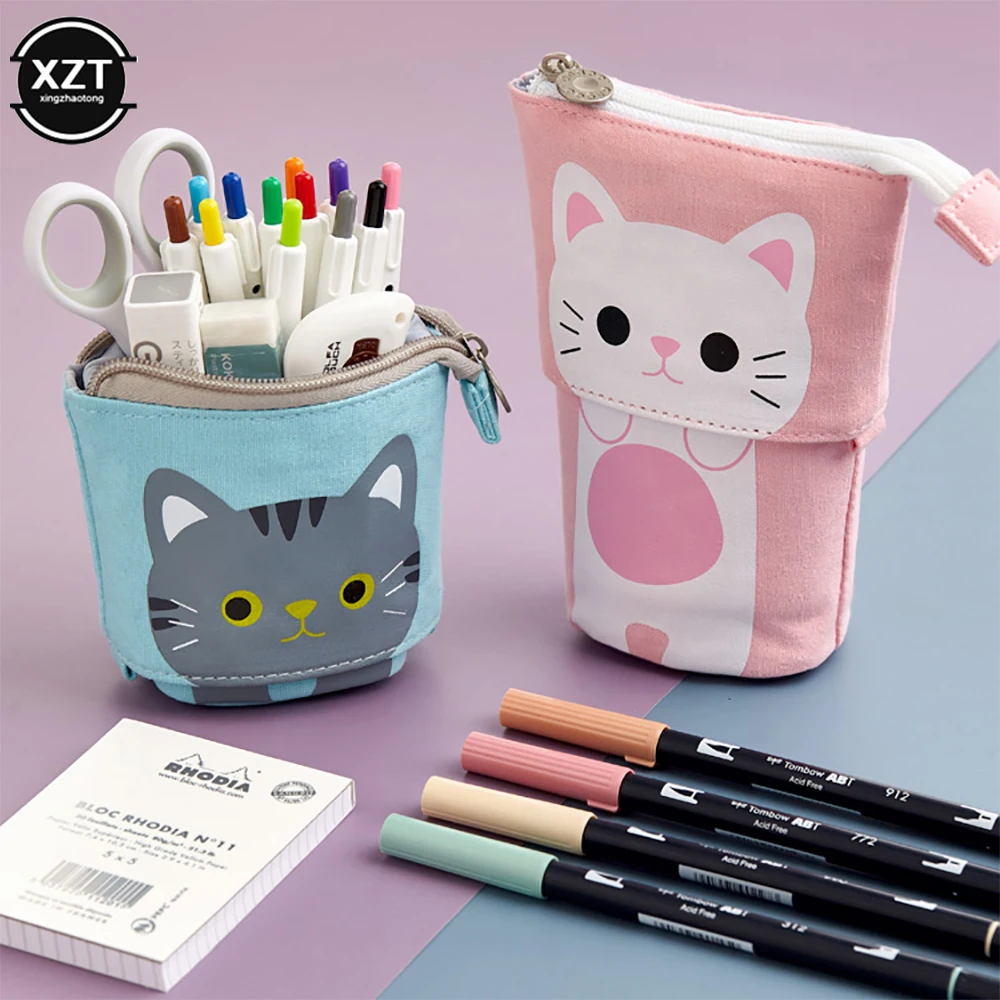 

Canvas Cartoon Cute Pencil Bag Retractable Fabric Pencil Case Fold Standing Holder Kawaii Stationery School Supplies Kids Gift