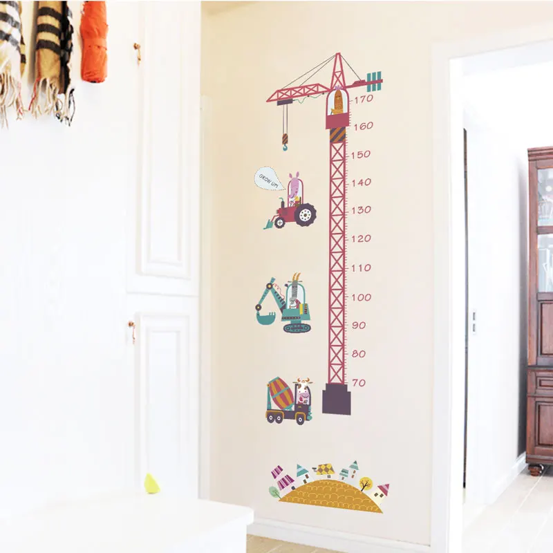 cartoon tower crane engineering car growth chart wall stickers for kids rooms decor diy height measure wall decals pvc mural