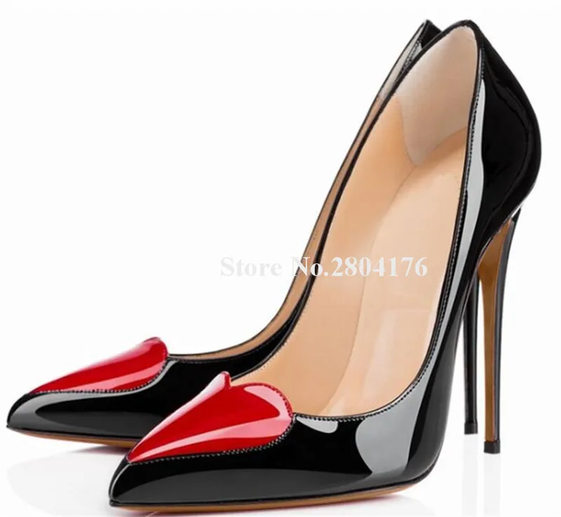 Top Brand Poined Toe Red Heart Printed Stiletto Heel Pumps 8cm 10cm 12cm White Black High Heels Wedding Dress Shoes Big Size