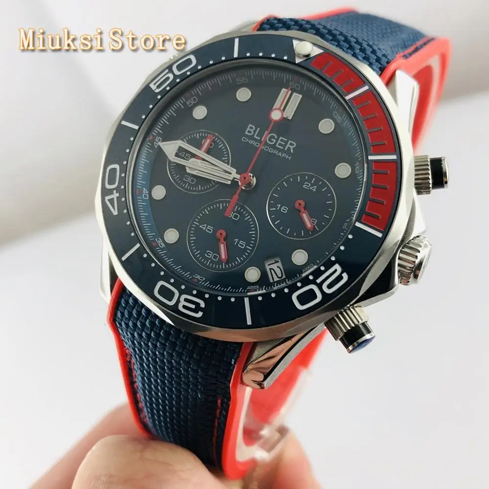 

Bliger 41mm sapphire glass date Unidirectional rotating ceramic bezel rubber strap 2020 new chronograph quartz mens watch