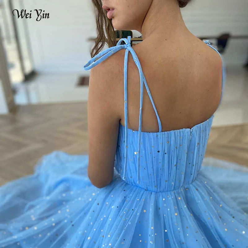 Weiyin AE0535 Blue A-lijn Eenvoudige Prom Dresses Tulle Spaghetti Enkellange Formele Party Wear Gown 2022