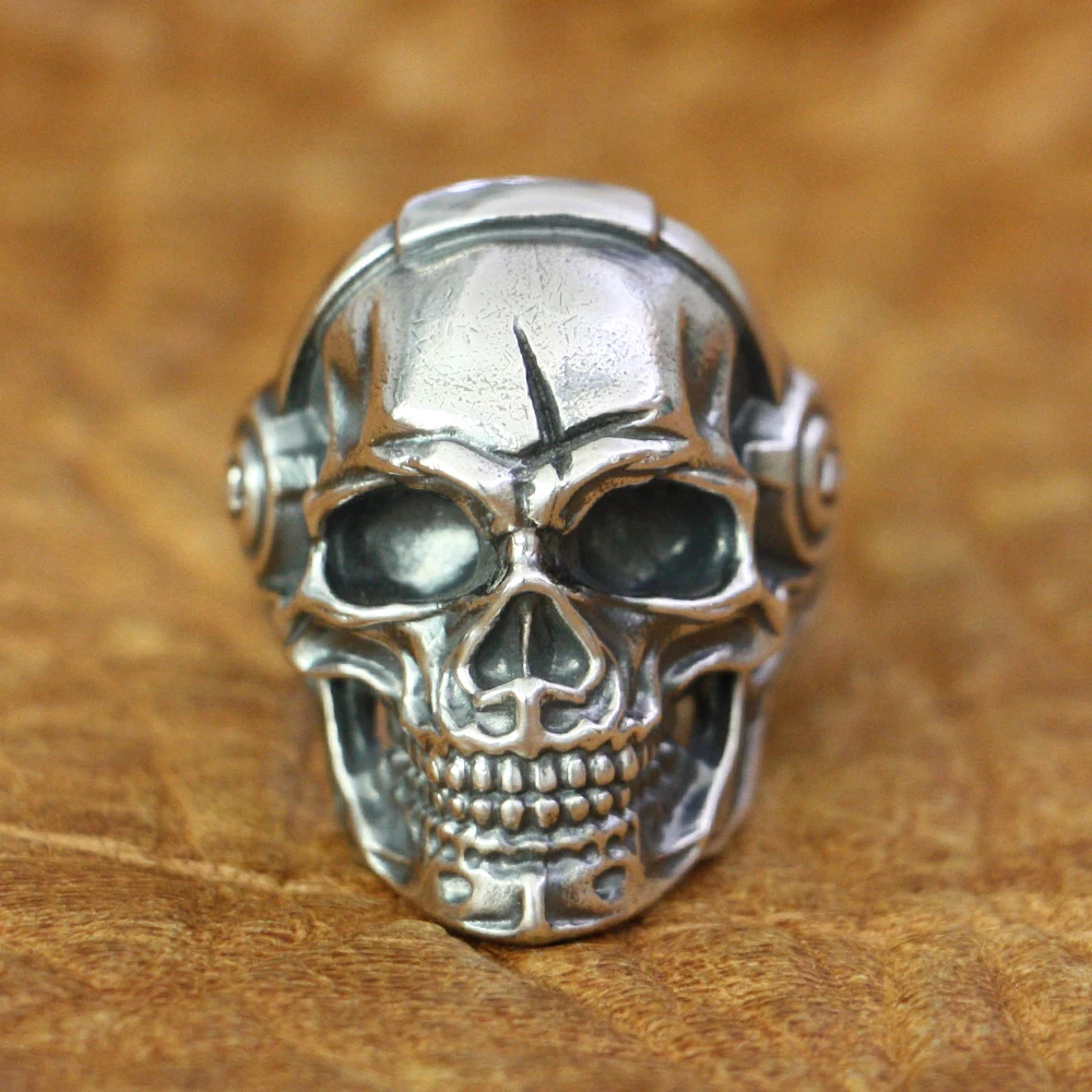 LINSION 925 Sterling Silver Music DJ Skull Ring Mens Biker Rock Punk Ring TA178 US Size 7~15