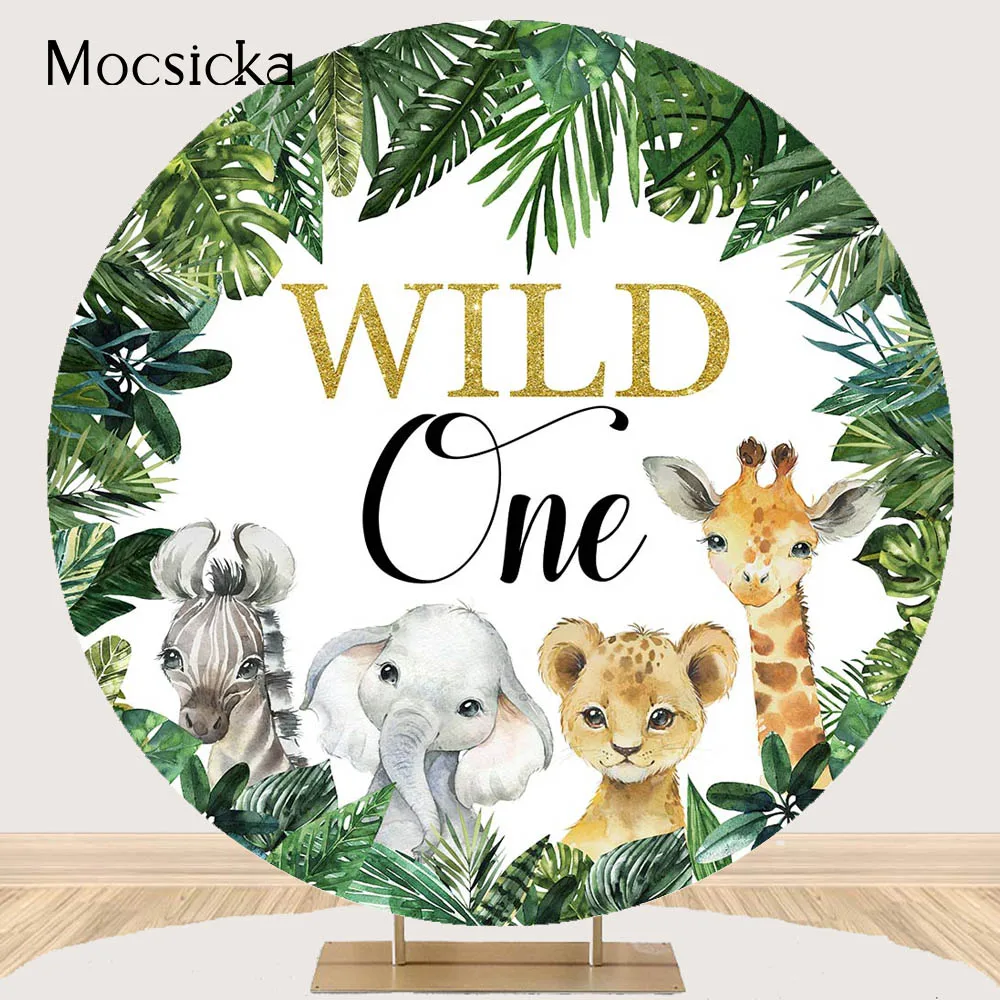 

Wild One Birthday Backdrop Safari Jungle Green Leaves Round Circle Elastic Photo Background Animals 1st Birthday Party Decor