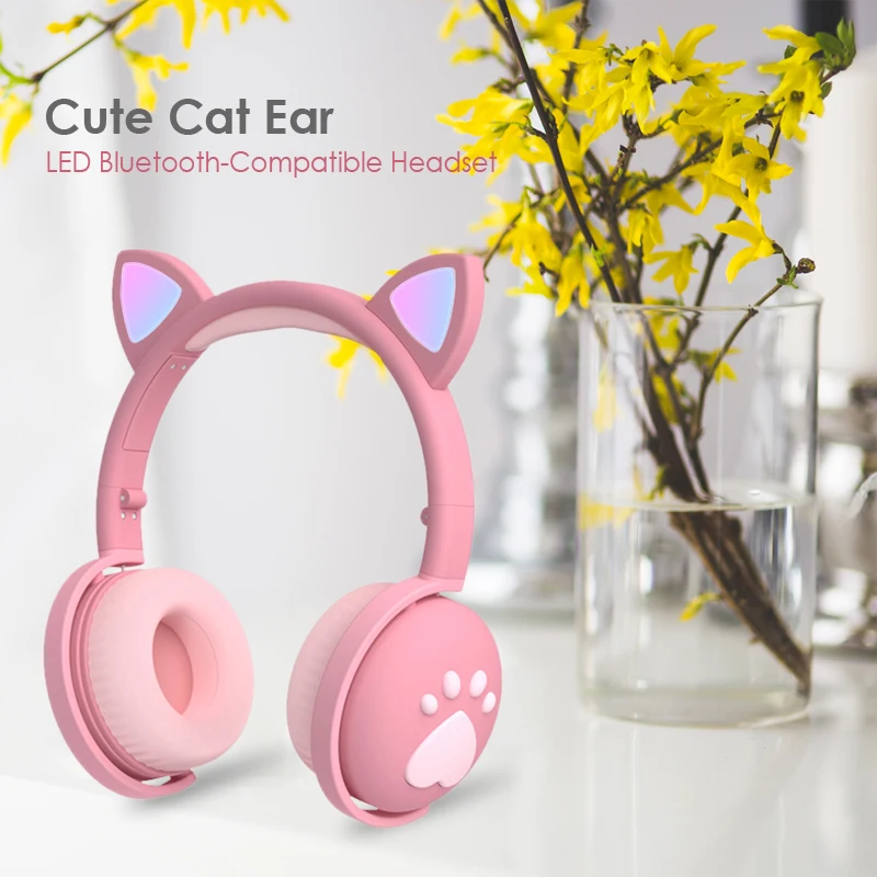 Cute Cat Ear Paw Headset Glowing Kids Wireless Bluetooth-Compatible 5.0 Headphones Girls Gift Earphones with Mic Children Gifts