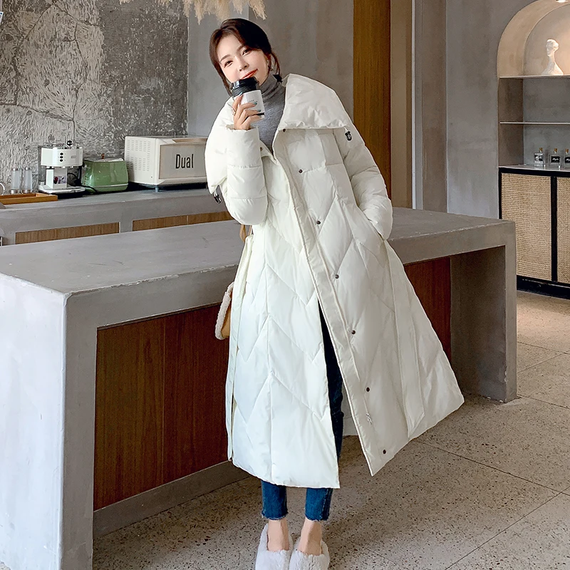 Winter Solid Turn-Down Collar Down Cotton Jacket Women Korean Style Casual Long Parkas Zipper Pockets Female Overcoat