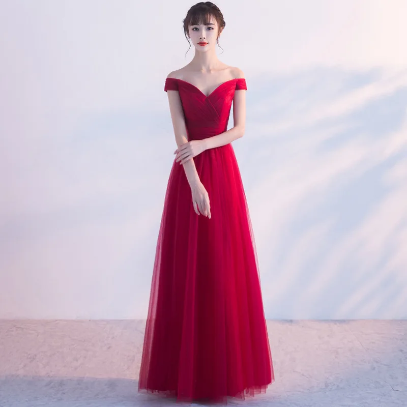 

Bride Toasting Clothing Autumn Winter Mesh Long Section Off Shoulder Wine Red Wedding Sleeveless Evening Dress