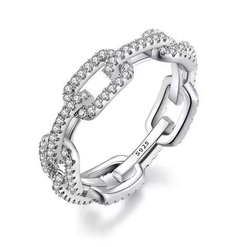 925 Sterling Silver Classic Link Chain Shape Simulated Diamond Stackable Ring for Women Crystal Zircon Engagement Rings