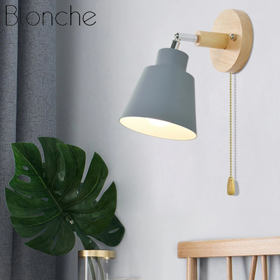 

Modern Wooden Wall Lamp Bedroom Corridor Bedside Lamp Indoor 4 Color Decorative Lamps with Zip Switch That Can Rotate Freely E27