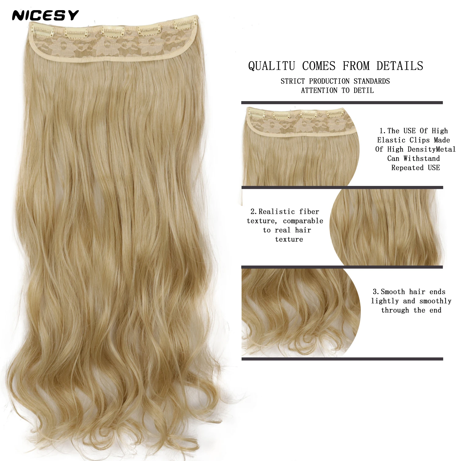 NICESY Synthetic Long Straight Clip In One Piece Hair Extension 5 Clips False Blonde Hair Brown Black Heat Resistant Fake Hair