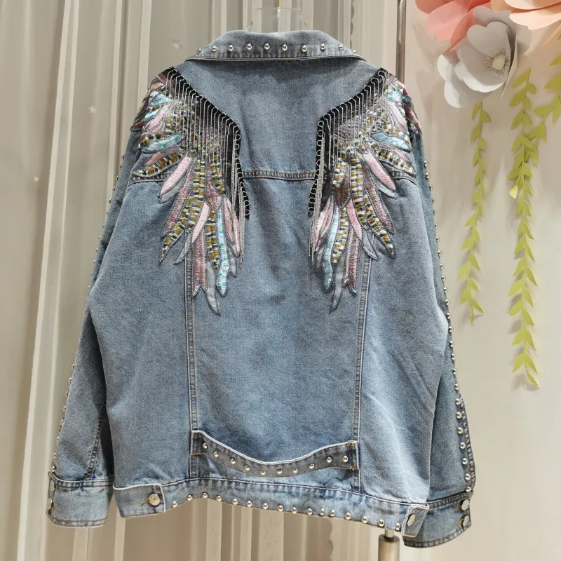 Rivet Wings Punk Coats Women Casual Embroidered Denim Jacket 2021 Sprint Short Denim Coat Jackets for Women Long Sleeve