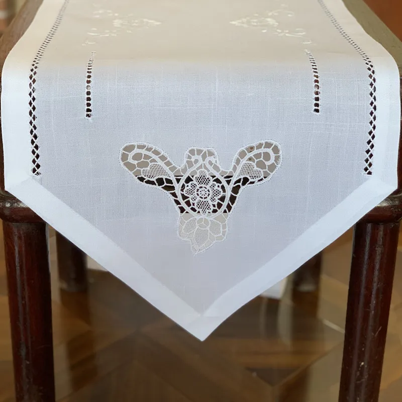 @Camellia Casa]Classic Hemstitch Table Runner,Specially Treated Polyester,Linen Look & Washable White Color