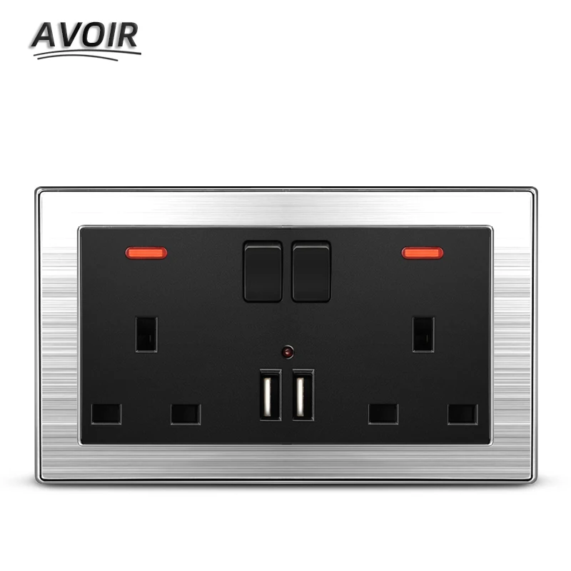 

Avoir UK Standard Plug Socket 13A Dual USB Port Power Wall Outlet Double Socket Switch Control Socket Stainless Steel Panel