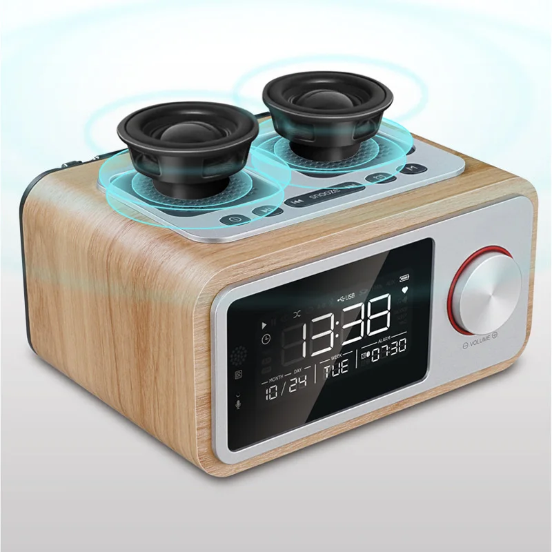 Wooden Alarm Clock Radio Portable Retro Radio Bluetooth Speaker Digital FM Radio Multi-Functional MP3 Player Supports Micro USB