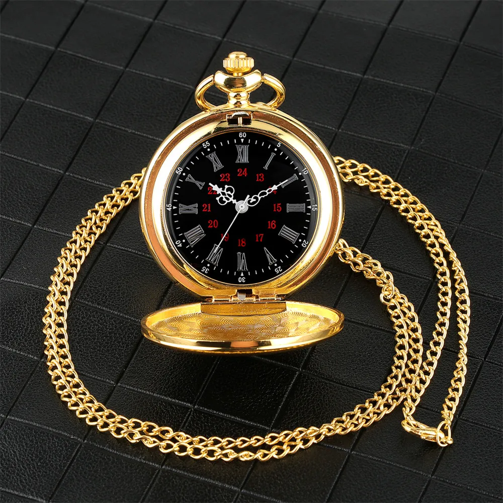 Minimalist Retro Smooth Mirror Quartz Pocket Watch Full Hunter Fob Necklace Pendant Timepiece Black Roman Numerals Dial Clock