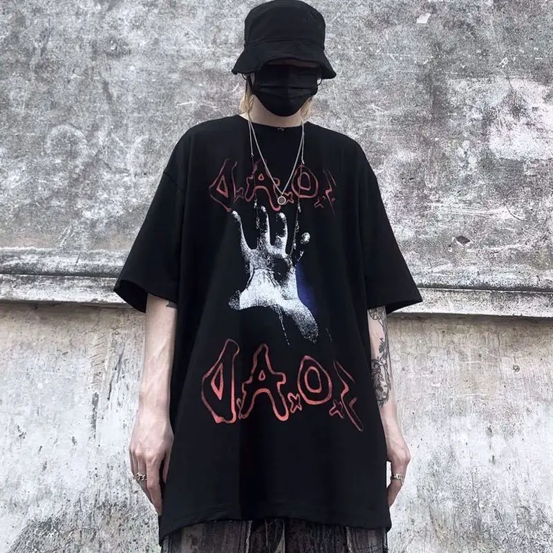 

Dark black cotton t-shirt male summer shirt 2022 trend punk Korean couple Oversized half sleeve tees unisex hip hop streetwear