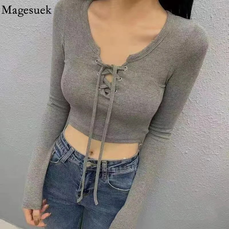 

New O Neck Lace-up Slim Short Crop Top Female Solid Knitwear Sweater Women Fashion Sexy Long Sleeve Cotton Blouse Blusas 16592