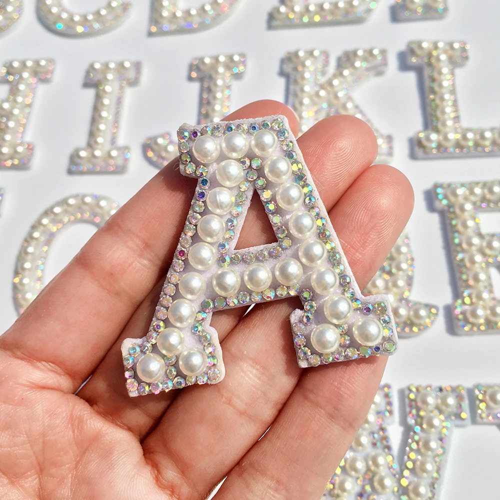 26pcs/set A-Z  Pearl Rhinestone  English Letter Sew on Patches  Applique  3D  Handmade  Letters Beaded Diy Patch