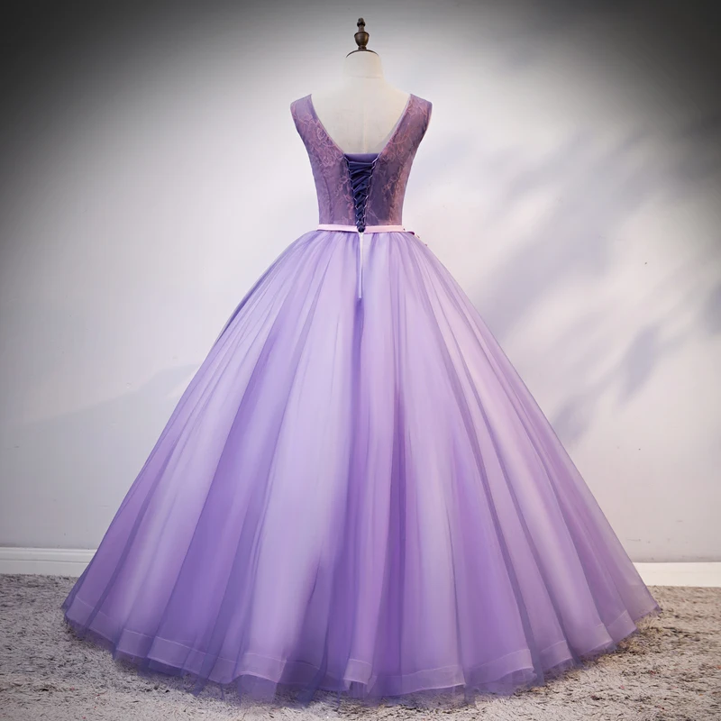AnXin SH princess purple lace o neck beading crystal rose flower pink bow sleeveless ball gown illusion customized evening dress