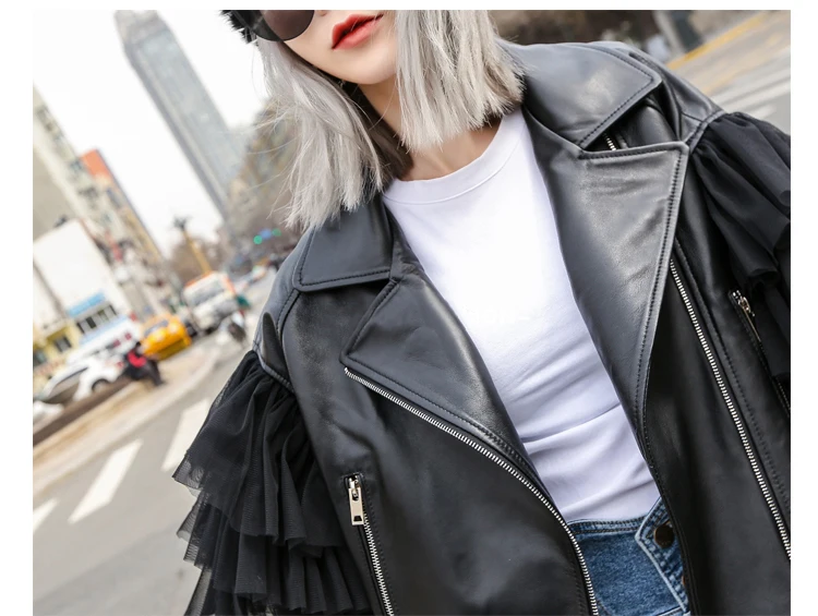 Lautaro Autumn Short Black Oversized Lace Patchwork Leather Biker Jacket Long Sleeve Loose Womans Clothing Fashionable Outerwear