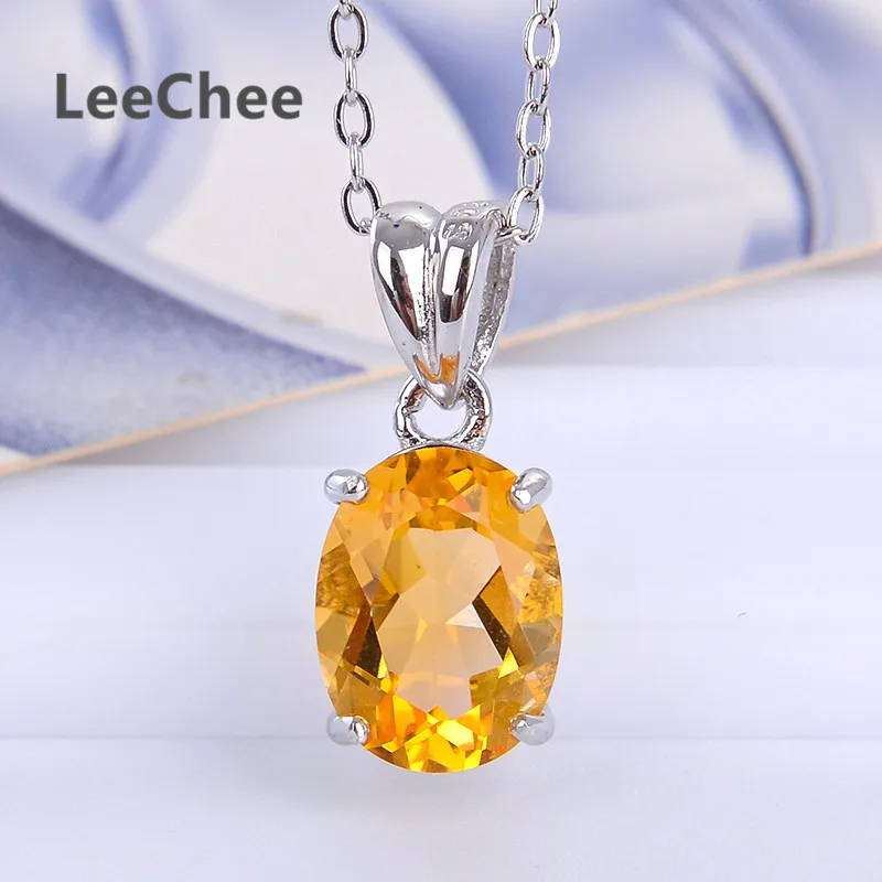 LeeChee 100%Natural citrine pendant real 925 Solid Sterling Silver jewelry 7*9mm yellow gemstone necklace for women gift 1.7CT