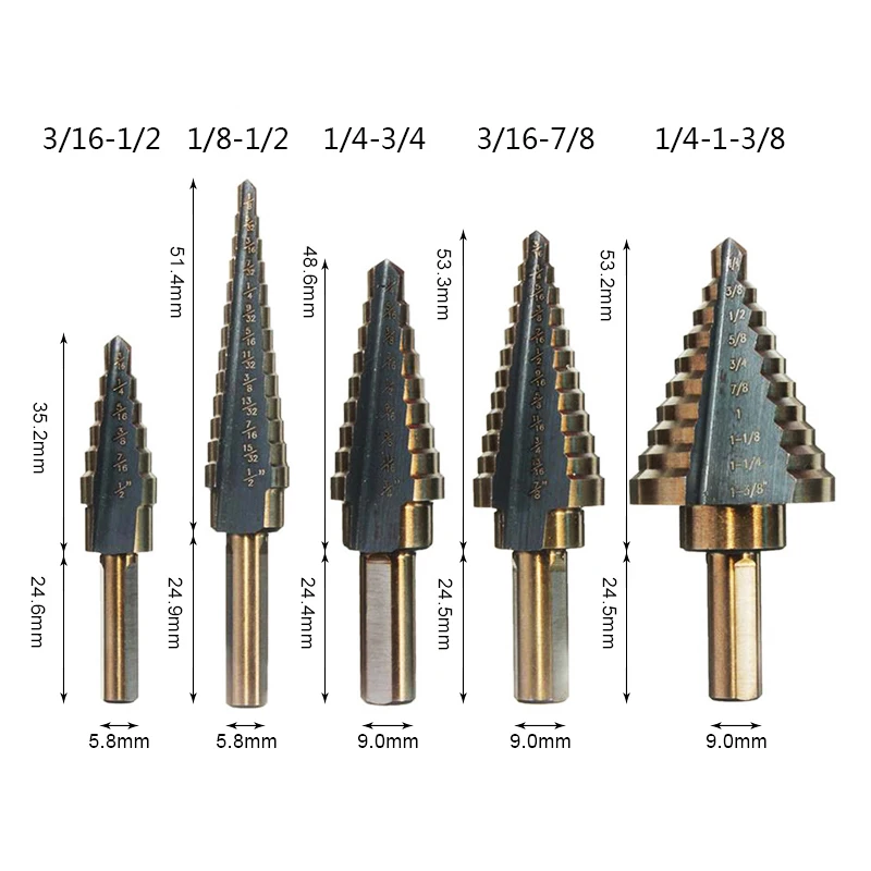 CMCP Step Drill Bit Set Cobalt Wood Metal Hole Cutter Round Shank Step Cone Drill Bit Set HSS Drill Tools