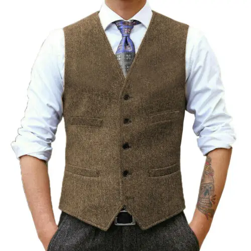 Men's Vest Black Herringbone Wool Tweed V Neck Retro Tooling Waistcoat Satin Stitching Wedding Business Vests for Men 2022