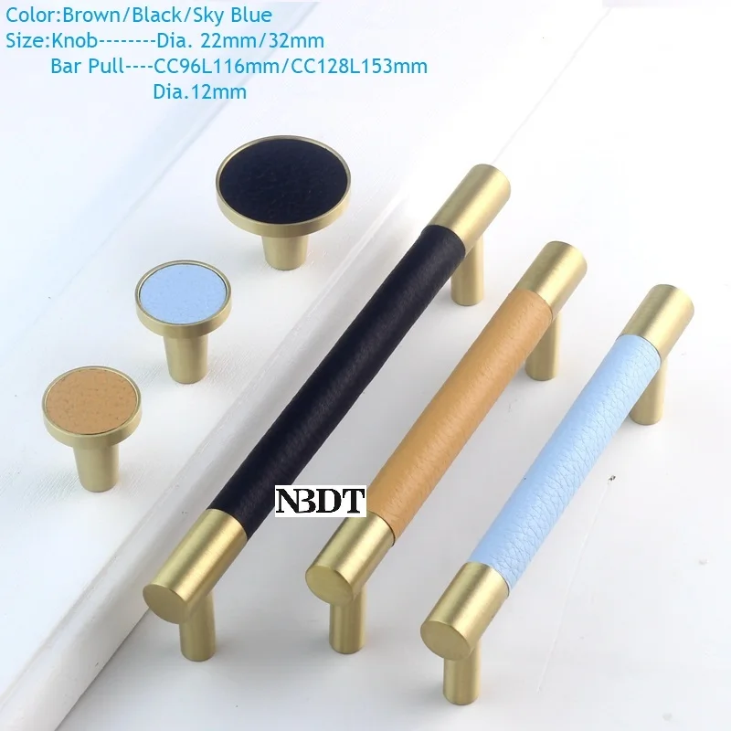 

2Pcs/Lot Solid Brass Furniture Cabinet Cupboard Closet Door Drawer Pull Knob Stitiched Cow Leather Cover Brown Sky Blue Black
