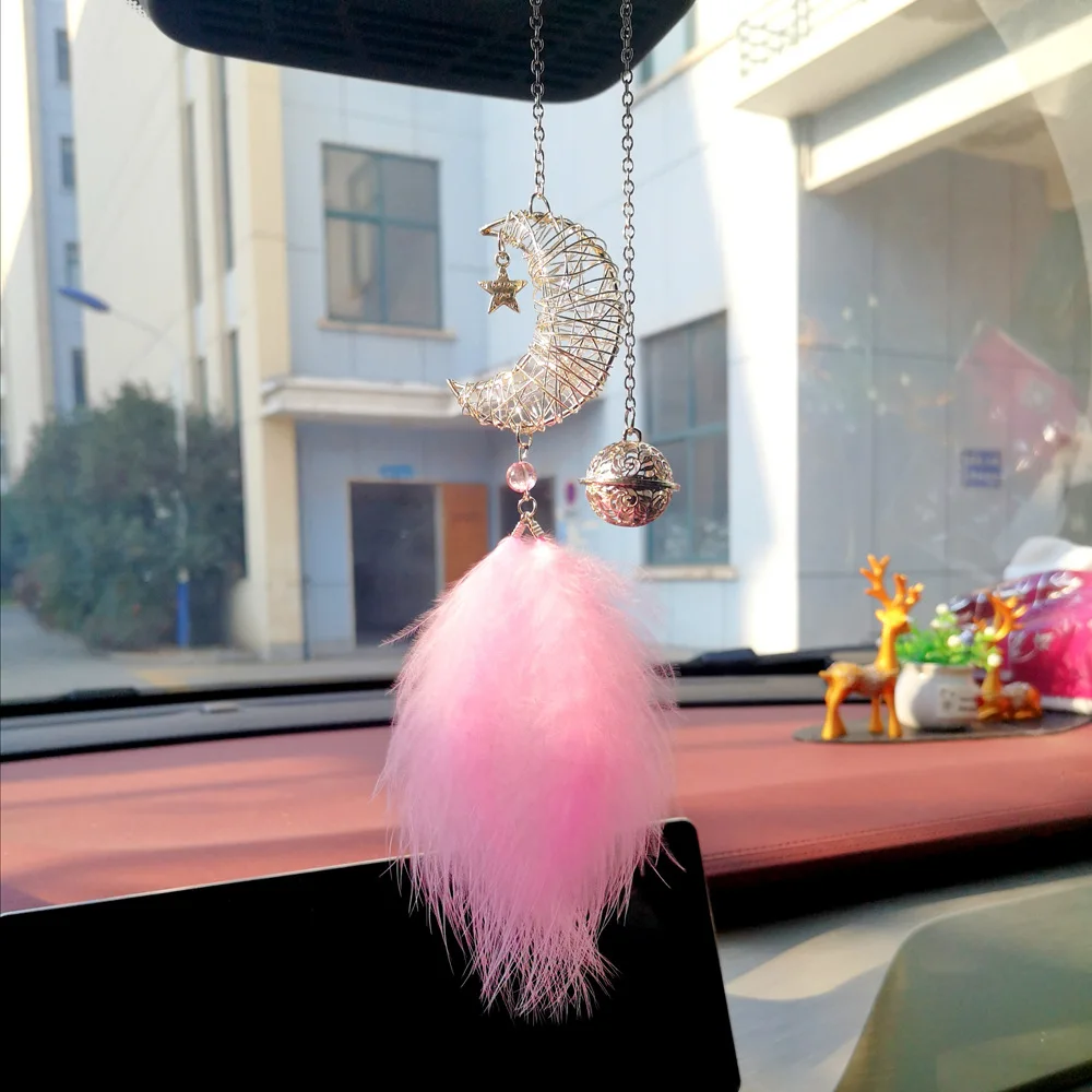 Car Pendant Interior Decor Hollow Out Moon Bells Auto Rearview Mirror Hanging Ornament Bling Pink Feather Accessories Girl Gifts