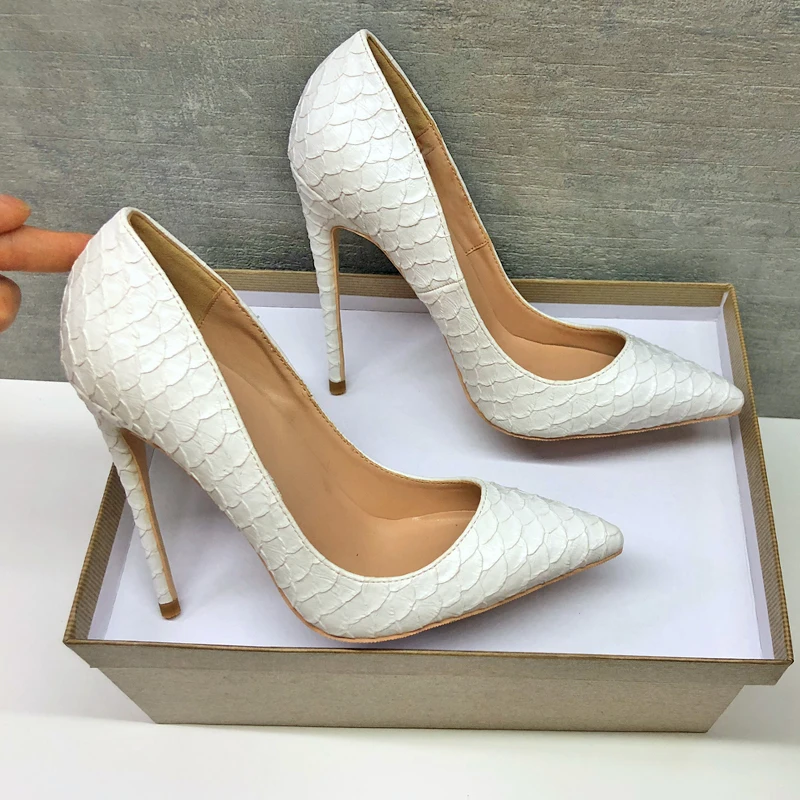 Tikicup White Crocodile-Effect Women Sexy Pattern Stiletto High Heels 12cm 10cm 8cm Customize Lady Pointy Pumps Chic Party Shoes