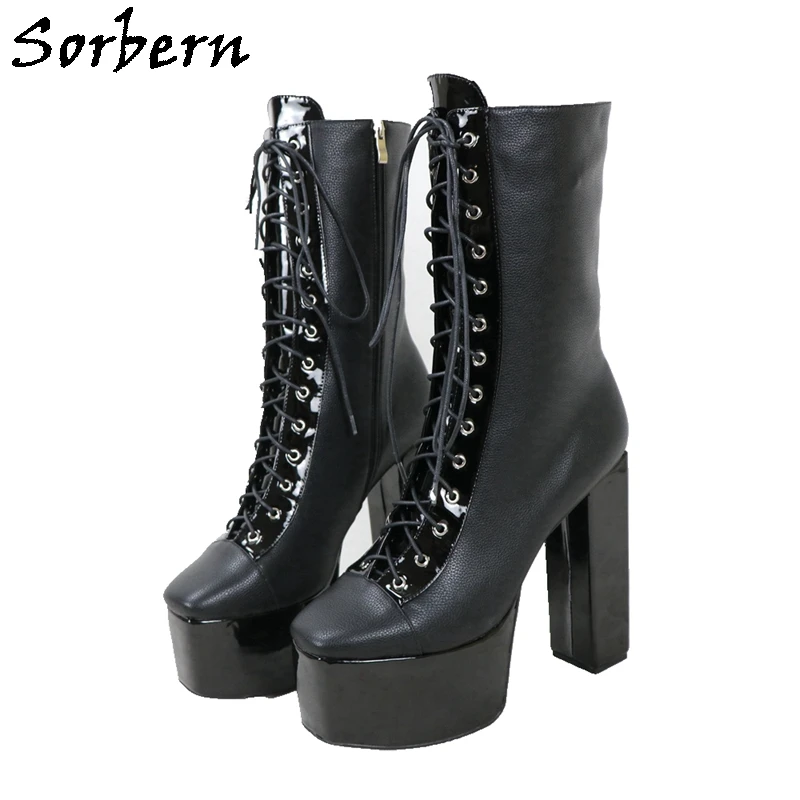Sorbern 18Cm Square High Heels Ankle Boots Lace Up Shoes Visible Platform Shoes Chunky Heeled Short Booties Custom Multi Colors