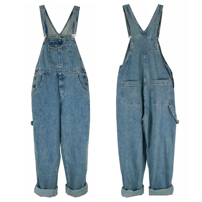 

Large Size 30 - 46 Retro Overalls Bib Men Jeans Denim Jumpsuits Workwear Big Pocket Loose Straight Coverall Pants Blue Trousers