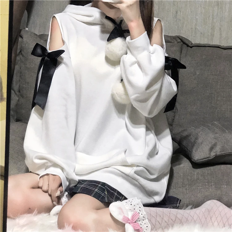 2020 Autumn New Korean Style Loose Bow off-the-Shoulder Long Sleeve Fur Ball Lace-up Hooded All-Matching Student Sweater Women